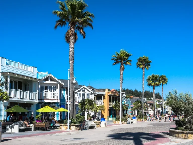 Palm trees line a sunny street with colorful buildings and people walking and sitting under umbrellas.