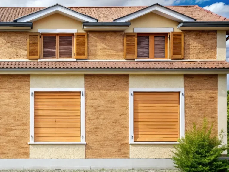 Two-story house exterior with closed wooden shutters on upper windows and closed roller shutters on lower windows.