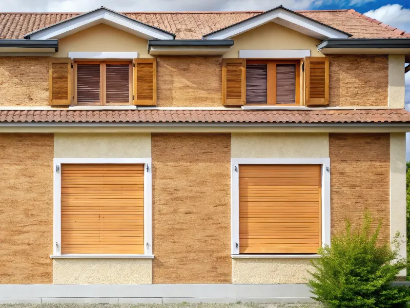 Two-story house exterior with closed wooden shutters on upper windows and closed roller shutters on lower windows.