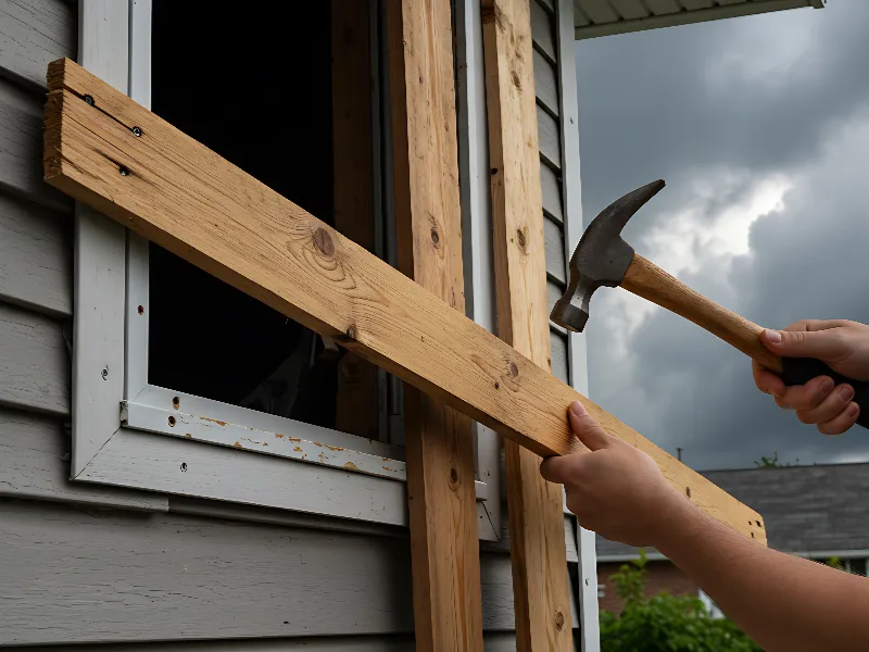 Hands holding a wooden plank and hammer near a window on a gray house exterior.