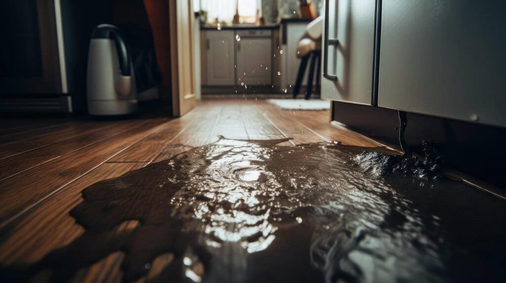 Water leaking and pooling on a wooden kitchen floor from a cabinet.