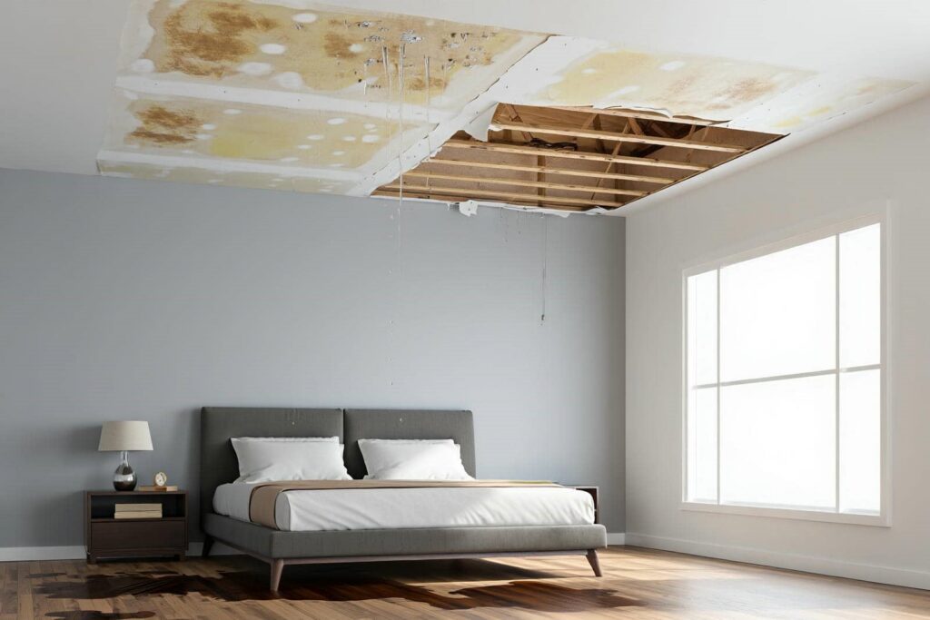 Bedroom with a damaged ceiling showing water stains, peeling drywall, and exposed wooden beams.