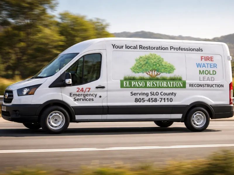 White restoration service van with "El Paso Restoration" and emergency contact information on the side driving on a road.
