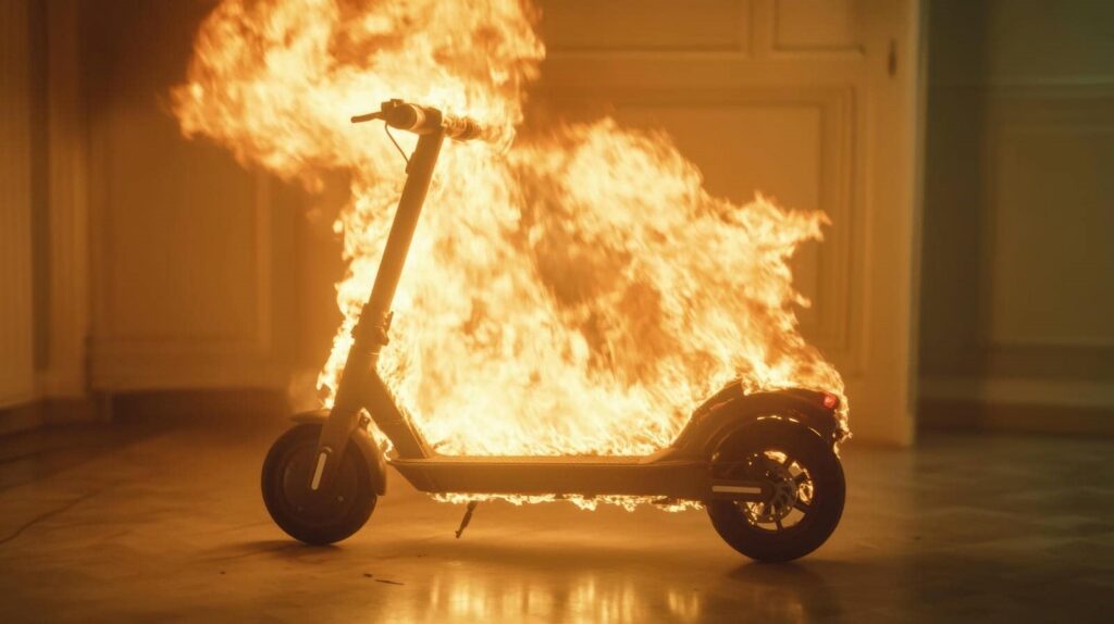 Electric scooter engulfed in flames indoors on a tiled floor.