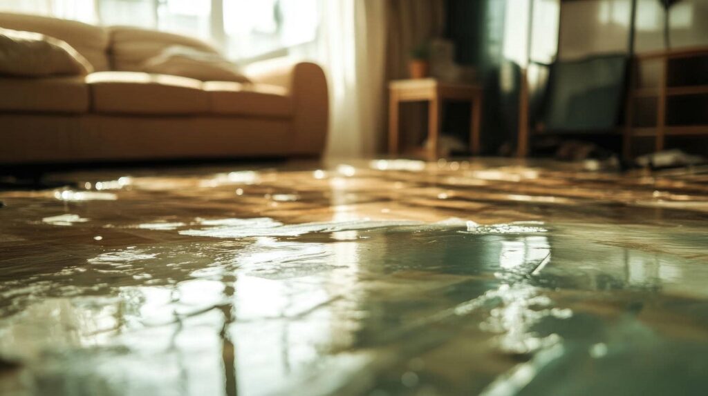 Water pooled on a wooden floor in a living room with a beige couch and sunlight streaming through windows.