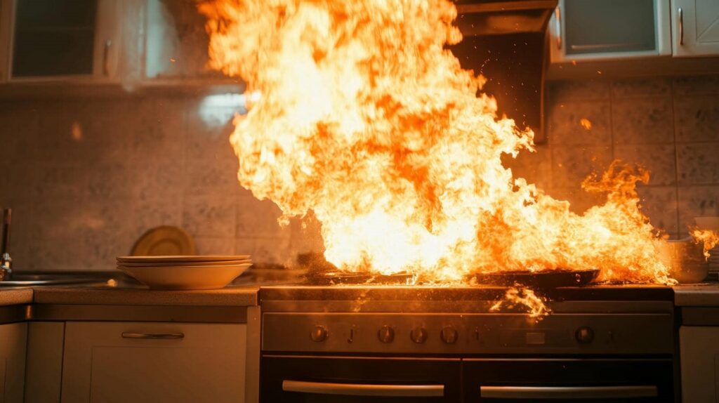 Large flames erupting from a stove in a kitchen, causing a fire.