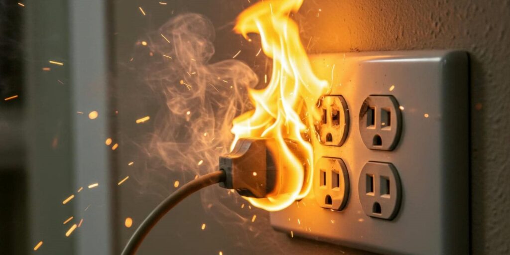 Electrical plug and outlet on fire with visible flames and sparks.