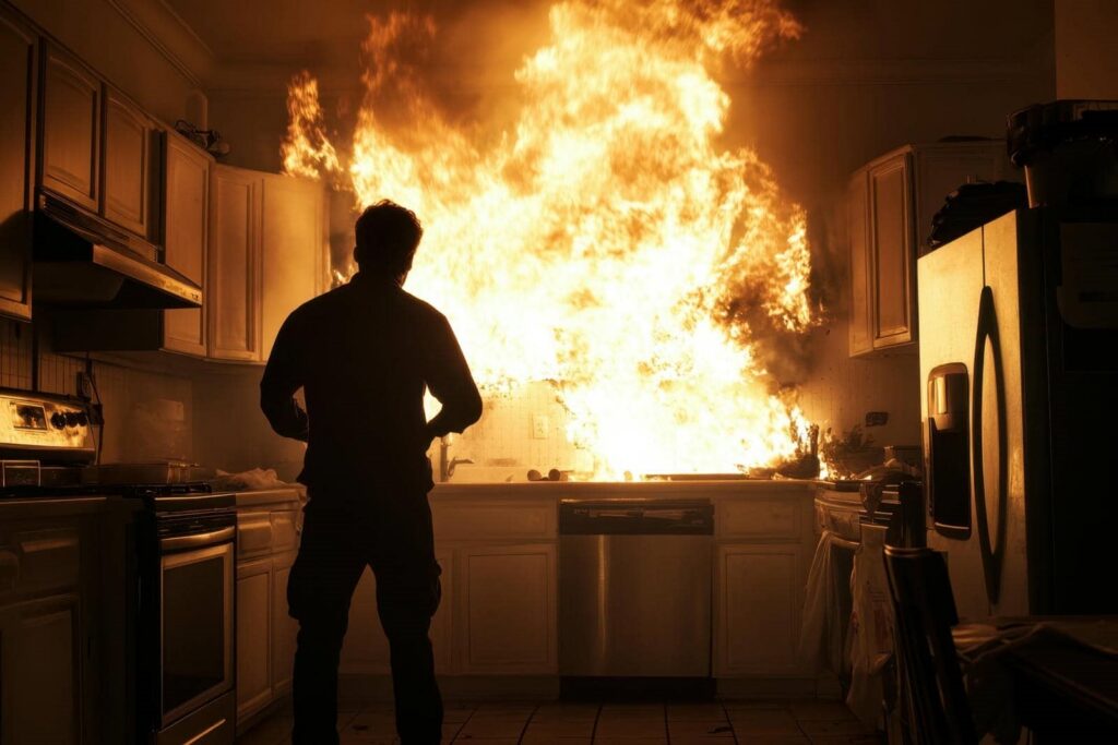 Silhouette of a person standing in a kitchen with a large fire blazing on the countertop.