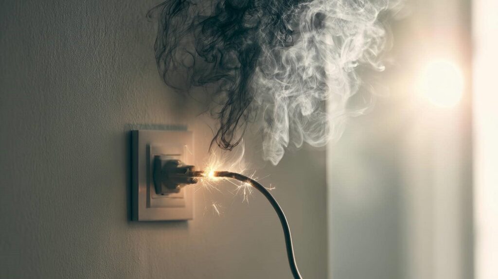 Sparking electrical plug with smoke rising against a wall.