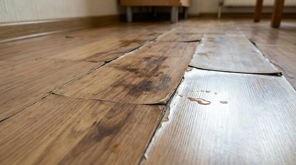 Peeling and warped wooden floorboards with water droplets on the surface.