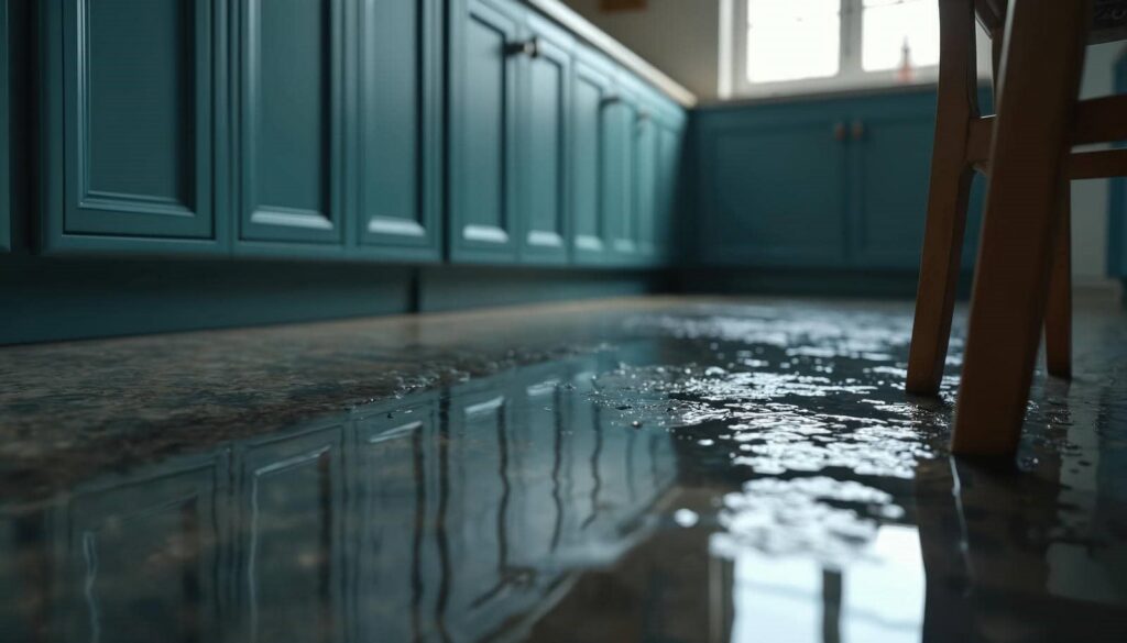 Water flooding the floor of a kitchen with blue cabinets and a wooden chair leg visible.
