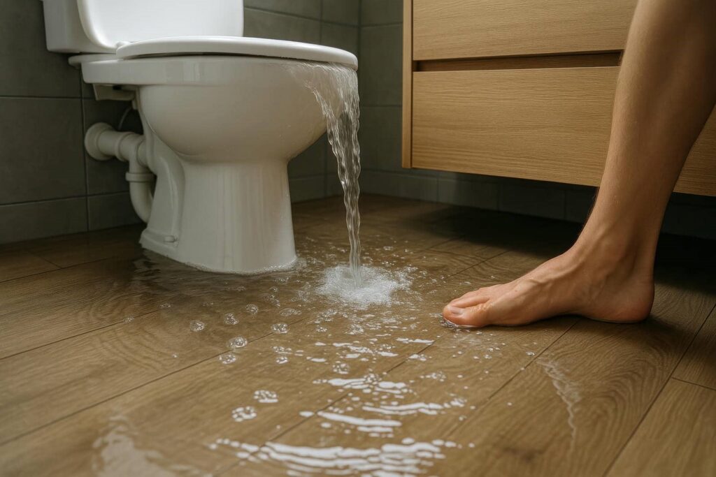 Water overflowing from a toilet onto a wooden floor with a bare foot nearby.