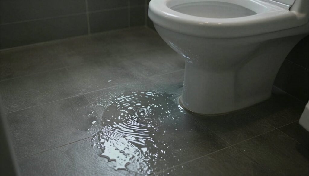 Water leaking and pooling on a bathroom floor next to a toilet base.