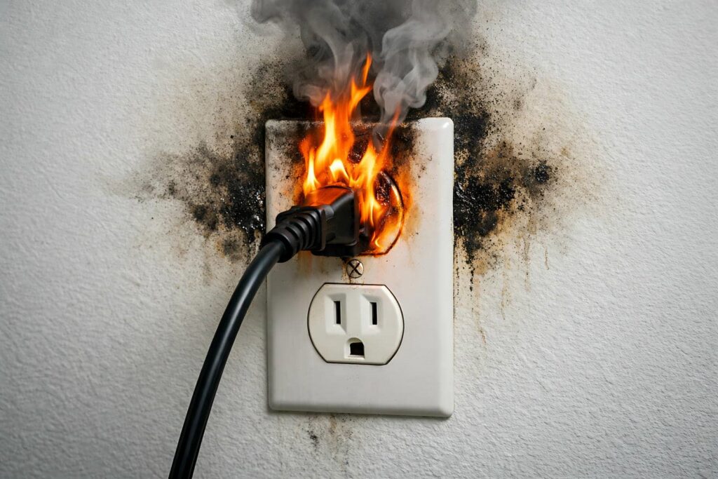 Electrical outlet with a black plug on fire and smoke, causing burn marks on the wall.