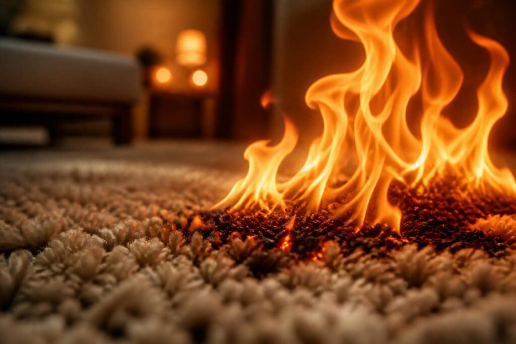 Flames burning on a beige carpet in a dimly lit room.