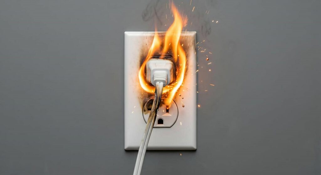 Electrical outlet with a plug on fire and sparks coming from the connection.