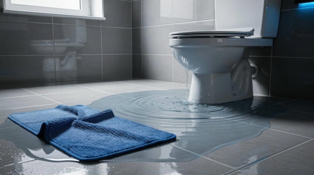 Water leaking from a toilet onto a tiled bathroom floor with a blue bath mat nearby.