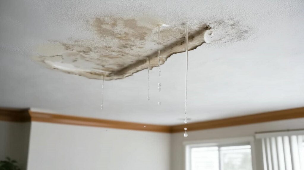Water leaking from a ceiling with a large water stain and dripping water.