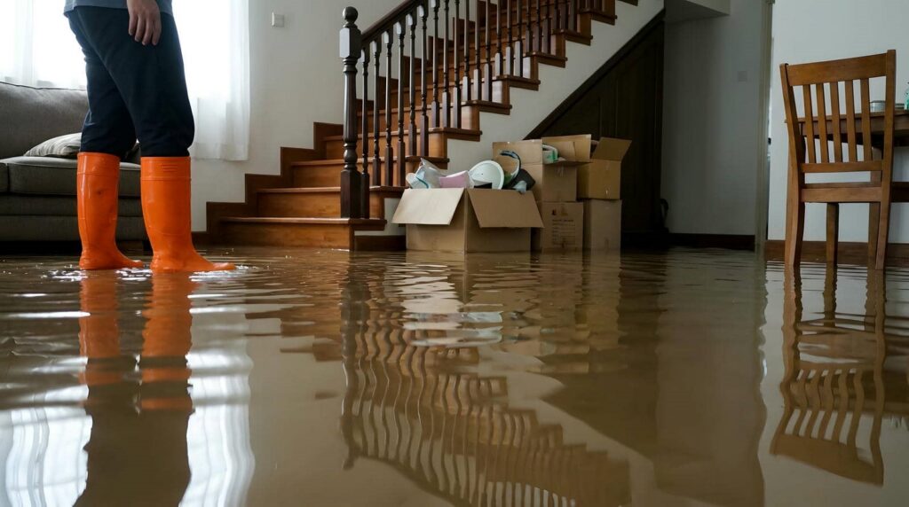 Person wearing orange boots standing in a flooded living room with water covering the floor.