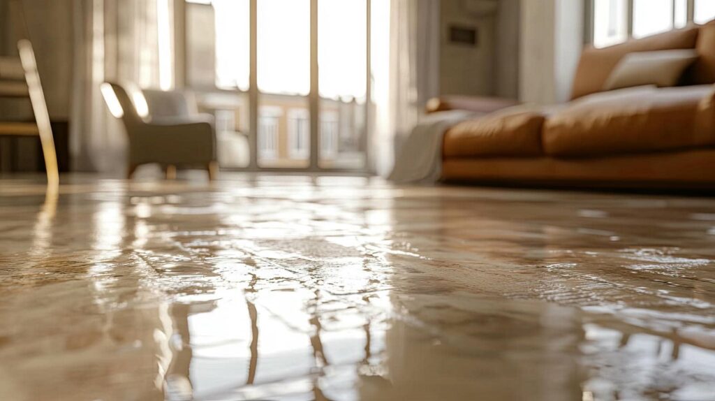 Wet wooden floor reflecting light in a living room with a brown sofa and armchair.
