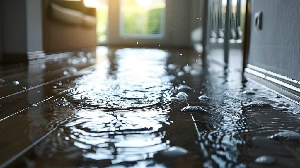 Water flooding a wooden floor inside a room with sunlight coming through a window.