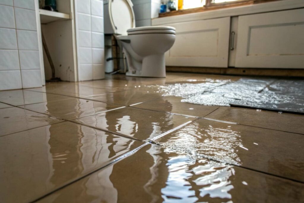 Water flooding on bathroom floor near a toilet and cabinets.