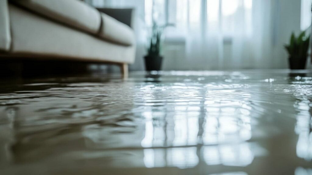 Water flooding a living room floor near a sofa with plants and windows in the background.