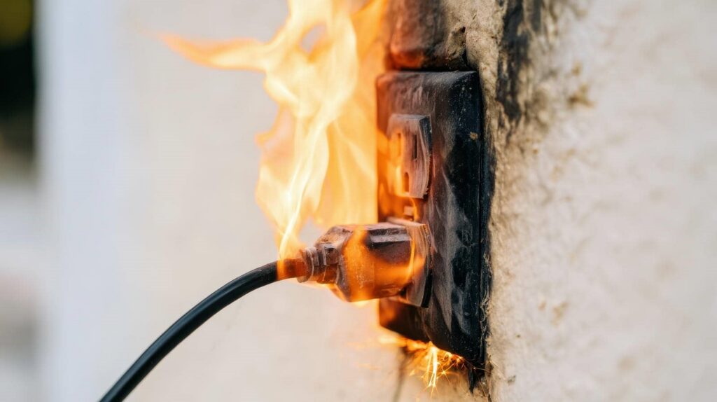 Electrical outlet and plug on fire with visible flames and sparks.