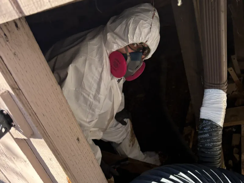 Person in protective suit and respirator working in a dark crawl space or attic.