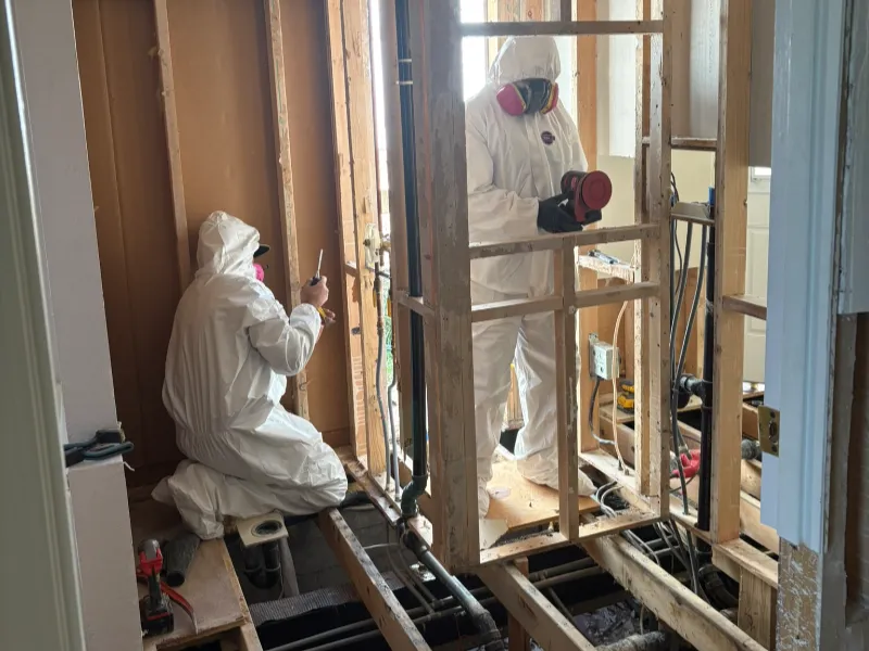 Two workers in white protective suits and masks inspecting exposed wooden framing in a construction site.