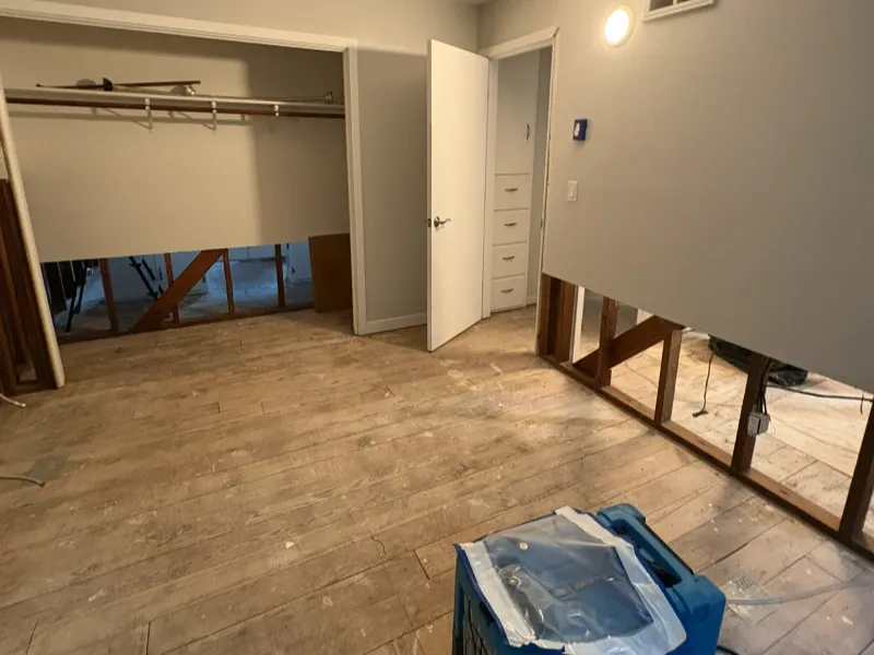 Room with partially removed drywall exposing wooden studs and an open closet with no doors.