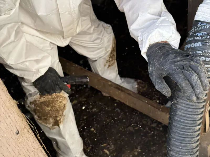 Person in protective suit and gloves holding a flashlight and a flexible hose in a dark, dirty environment.